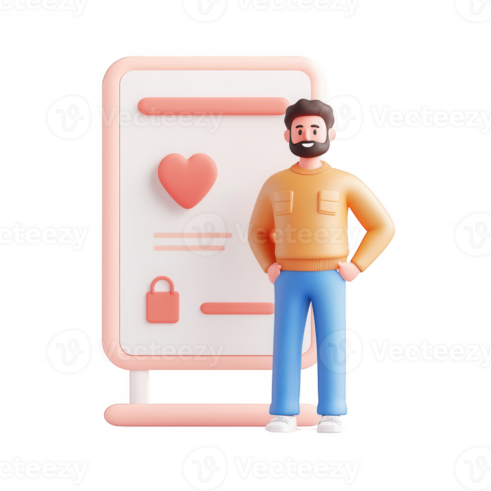 A 3D character standing beside a visually engaging poster with a heart symbol. png
