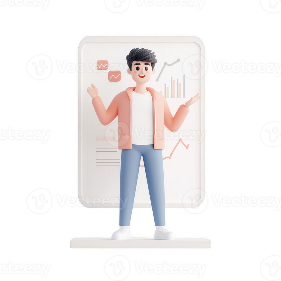 A 3D character presenting data and analytics on a digital screen. png