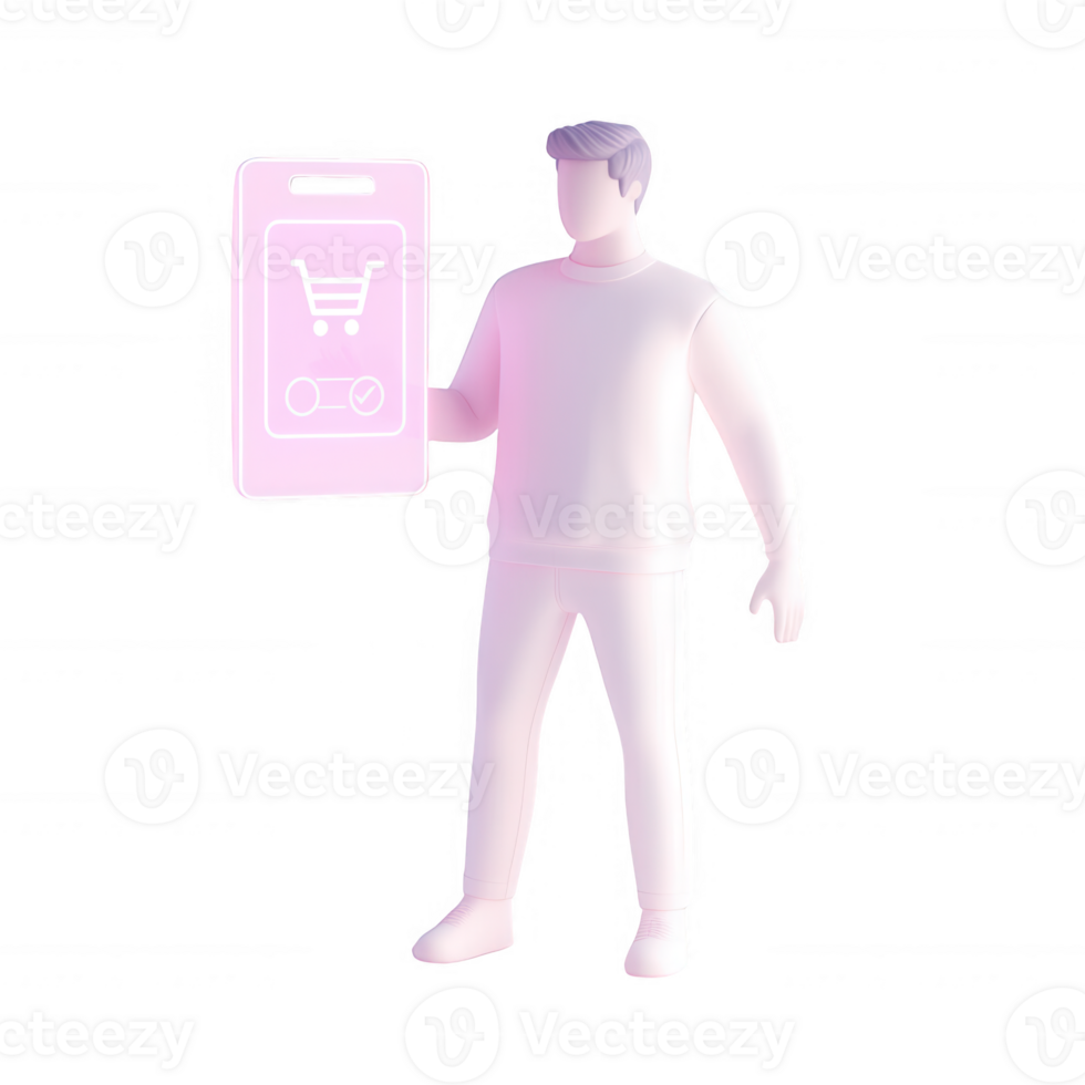 A 3D figure displaying a smartphone with a shopping cart icon. png