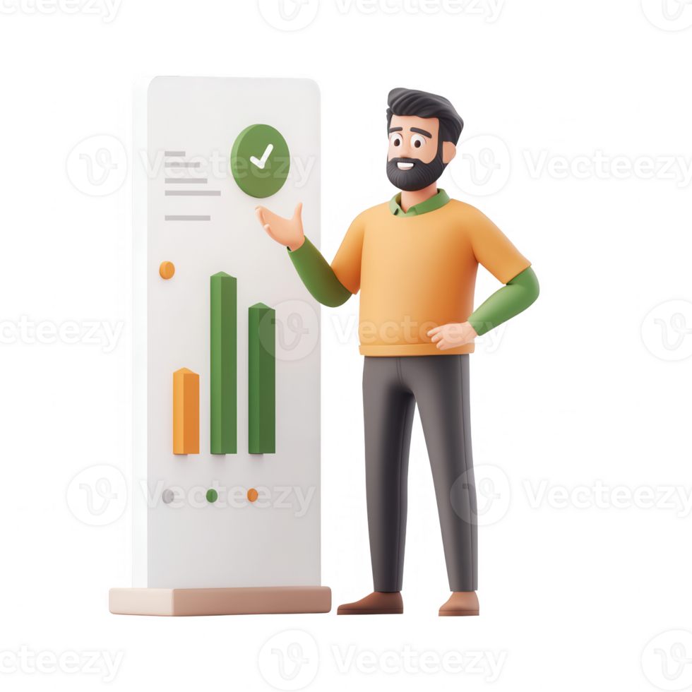 A 3D character presenting data with charts in a modern, professional setting. png