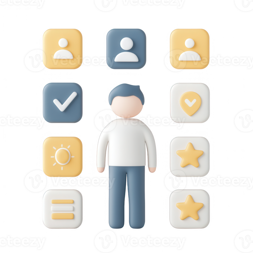 A 3D character surrounded by colorful icons representing various digital interfaces. png