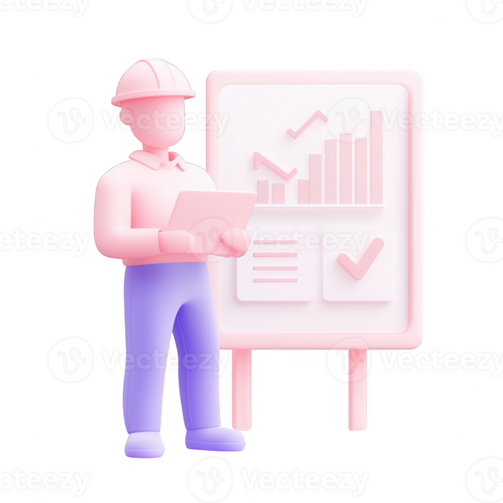 A 3D illustration of a construction worker analyzing project data on a board. png