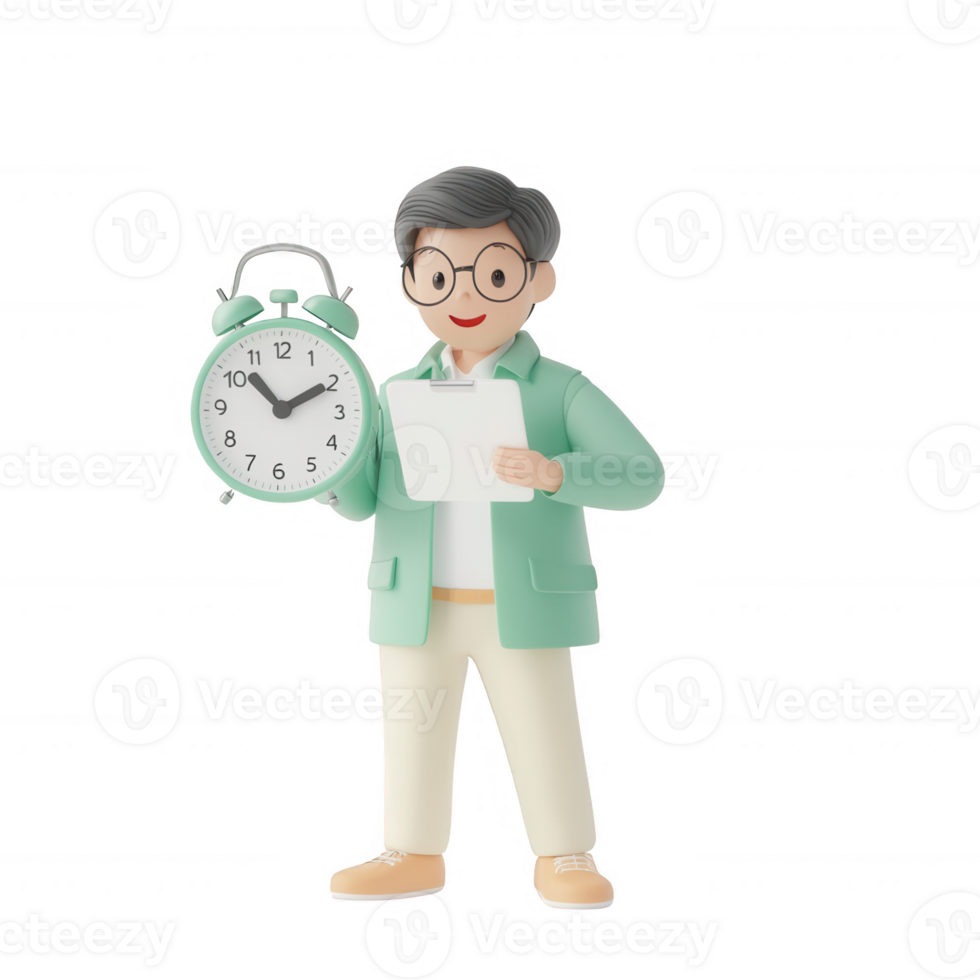 A cartoon character holding a clock and a list, representing time management. png