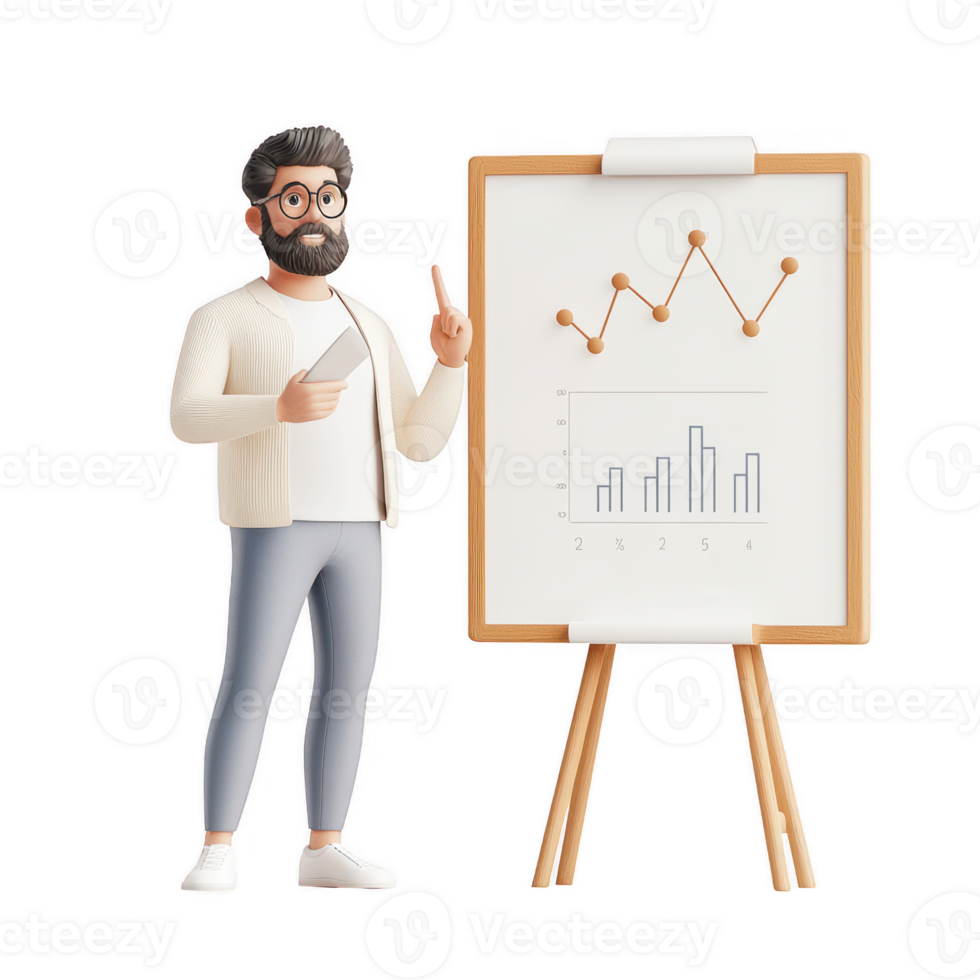 A businessman analyzing charts and presenting data on a graph. png
