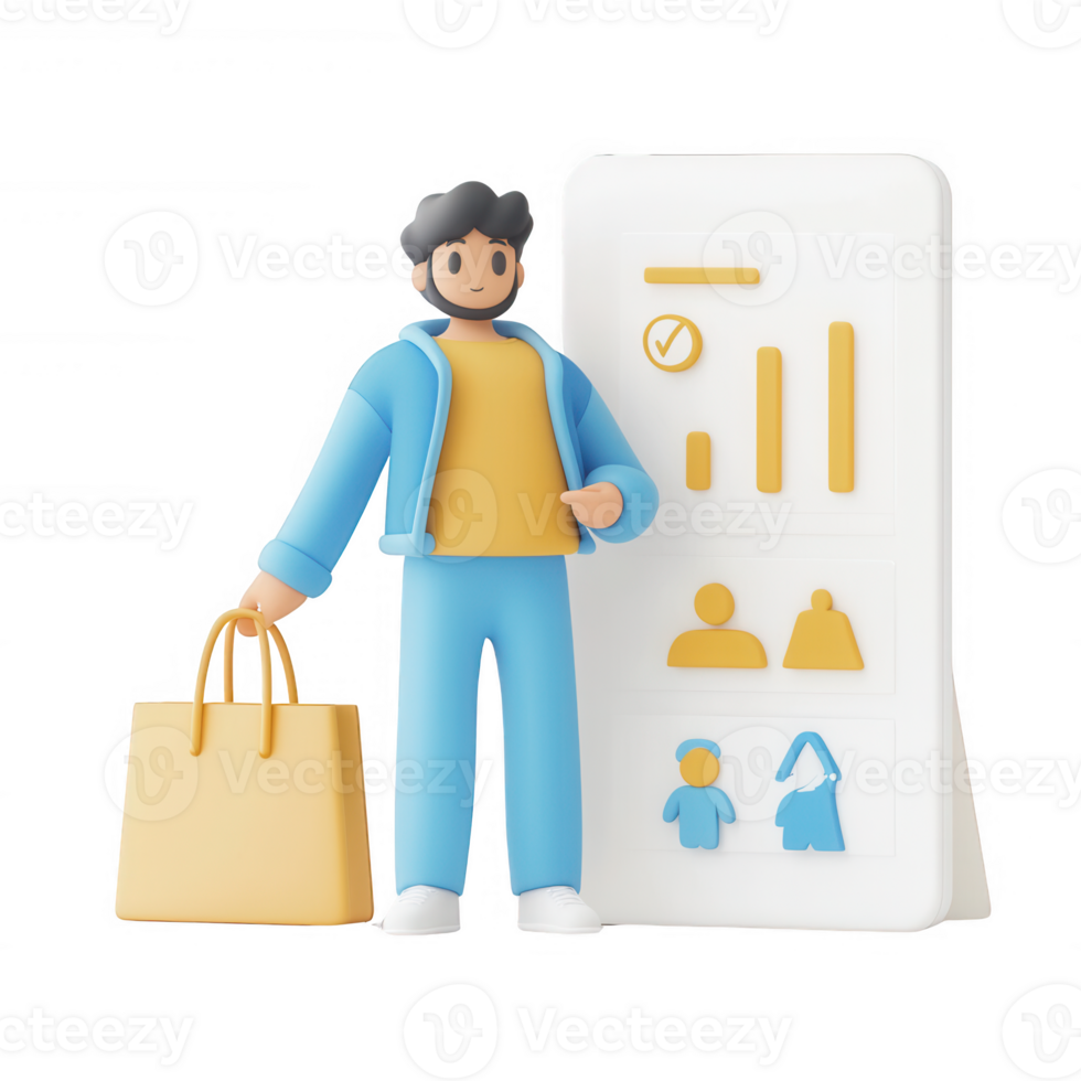 A character holding a shopping bag with digital analytics background. png