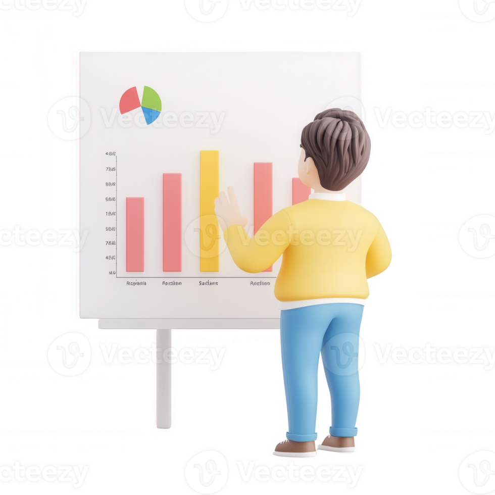 A character analyzing a colorful graph and data on a presentation board. png