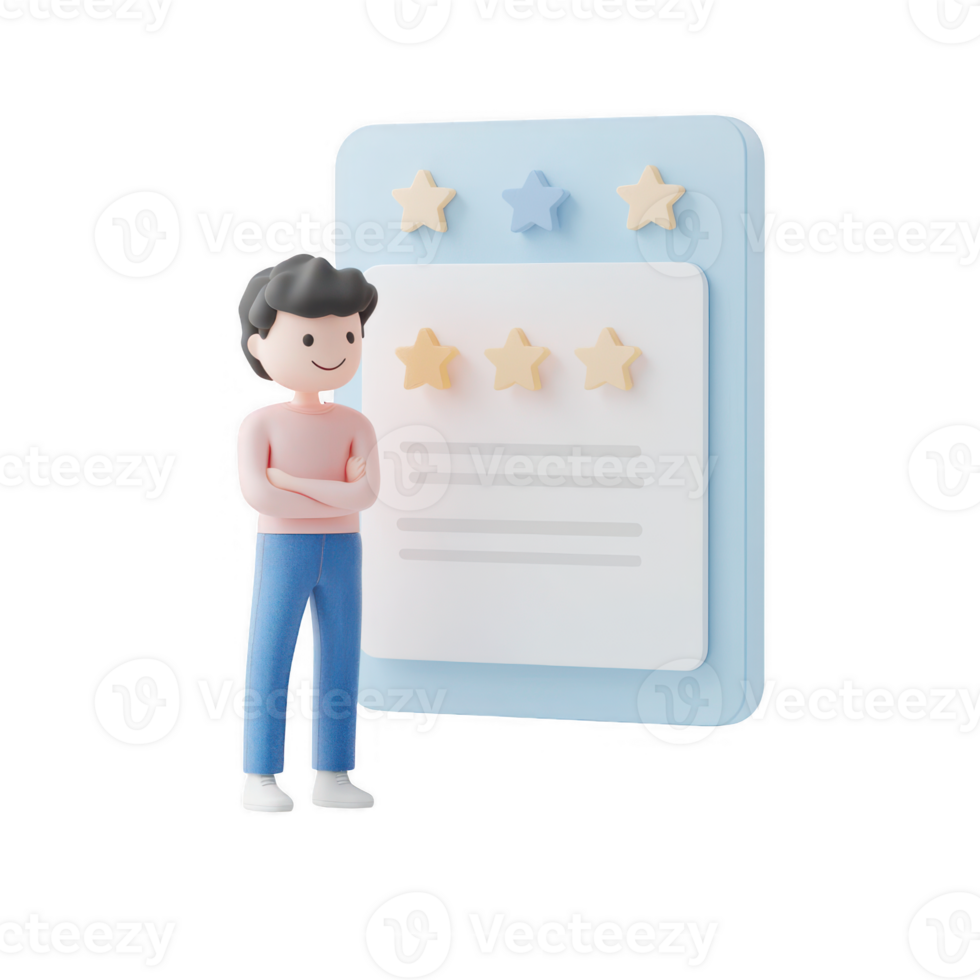 A character evaluates a review form featuring star ratings and feedback. png