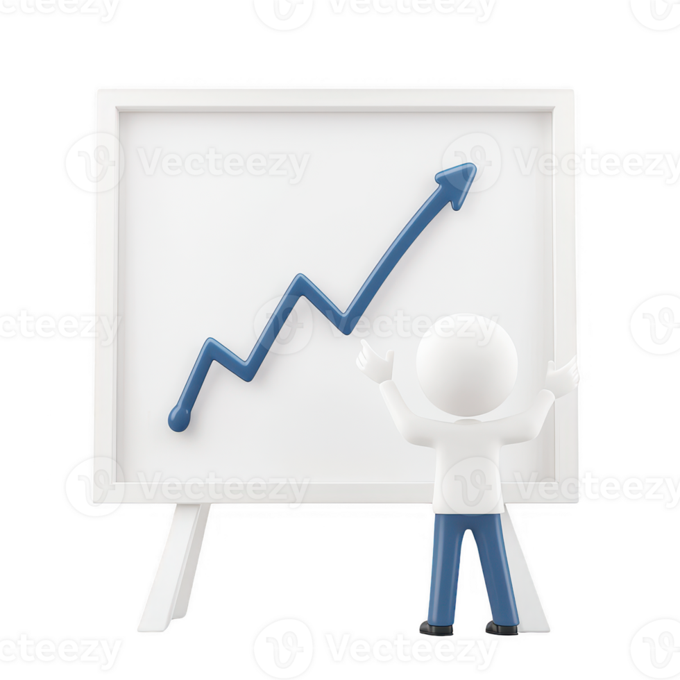 A character presenting a rising graph to symbolize growth and success in business. png