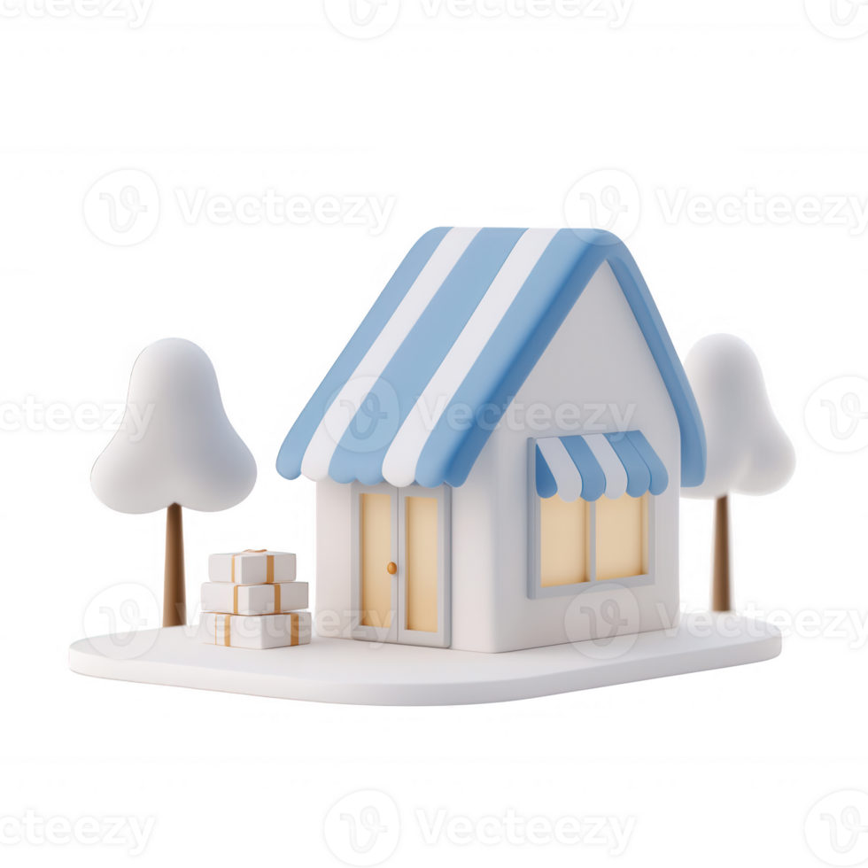 A charming small store with a blue roof and a welcoming design surrounded by trees. png
