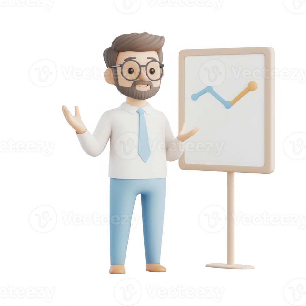 A cheerful businessman presenting a data analysis chart on a whiteboard. png