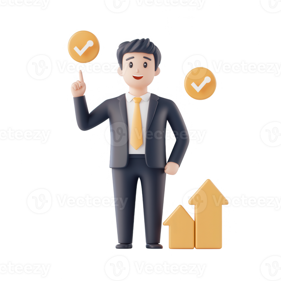 A cheerful businessman promoting growth and success with upward arrows and check marks. png