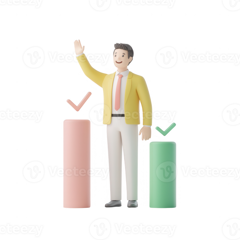A cheerful businessman with bar graphs representing success and achievement. png