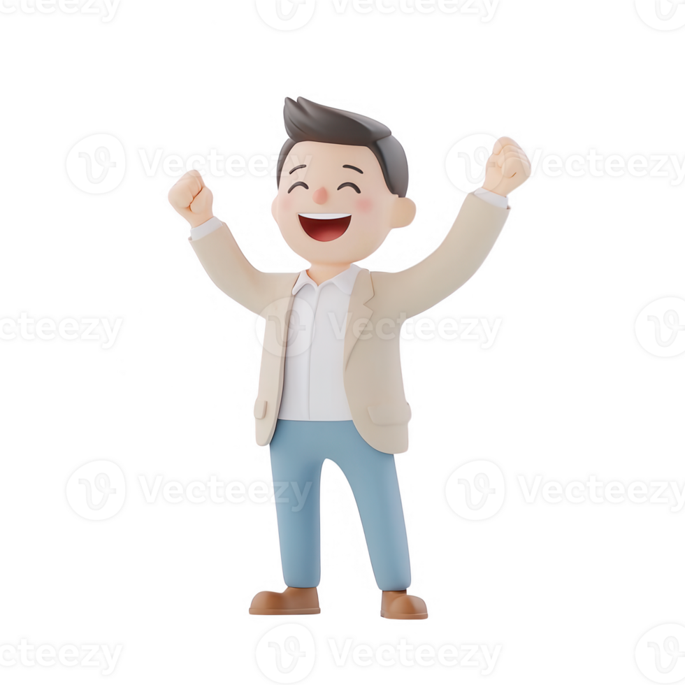 A cheerful cartoon character celebrating success with raised arms and a big smile. png