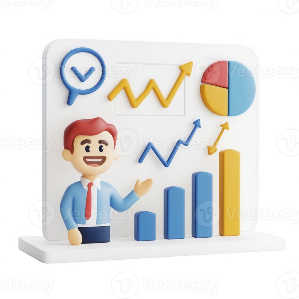 A cheerful businessman presenting growth charts and data visuals in a colorful graphic. png