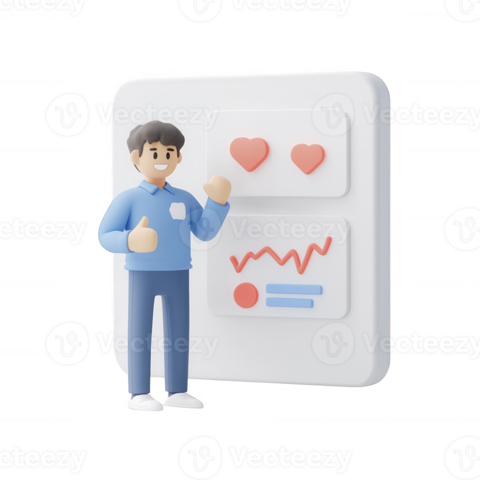 A cheerful character engaging with health and performance metrics on a digital interface. png