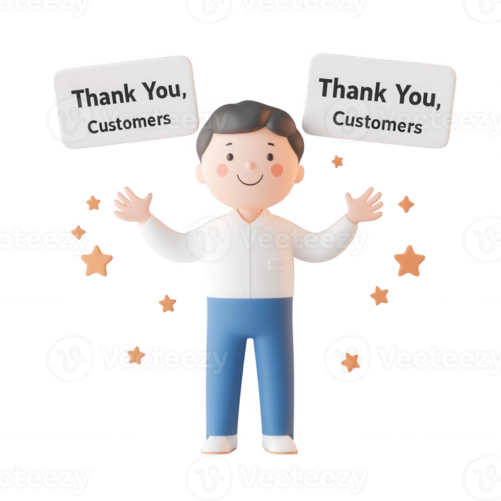 A cheerful character expressing gratitude to customers with thank you signs. png