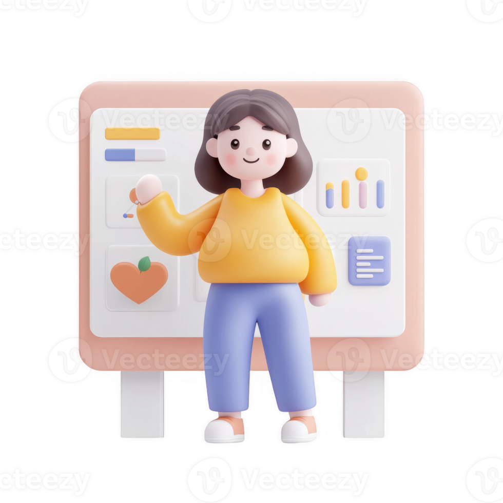 A cheerful character presenting data on a vibrant digital screen. png