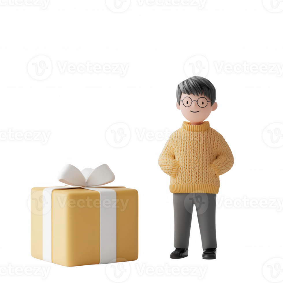 A cheerful character stands next to a beautifully wrapped gift, radiating joy. png
