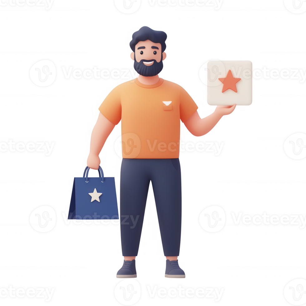 A cheerful man holding a star symbol and a shopping bag, representing success. png