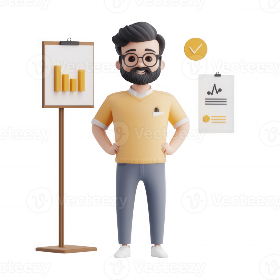 A cheerful man standing beside a chart with graphs, showcasing success in business. png