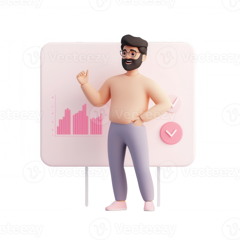 A cheerful man presenting data on a digital board with positive trends. png