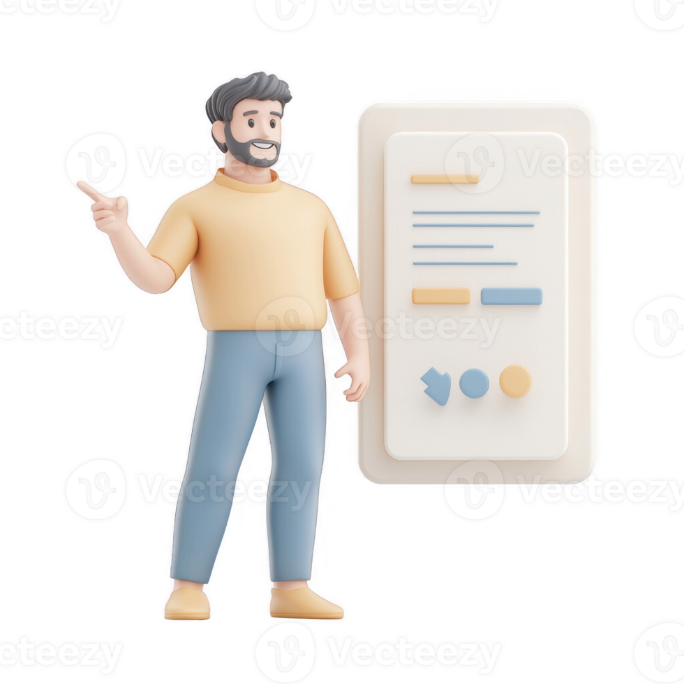 A cheerful man presenting a business report on a modern tablet device. png