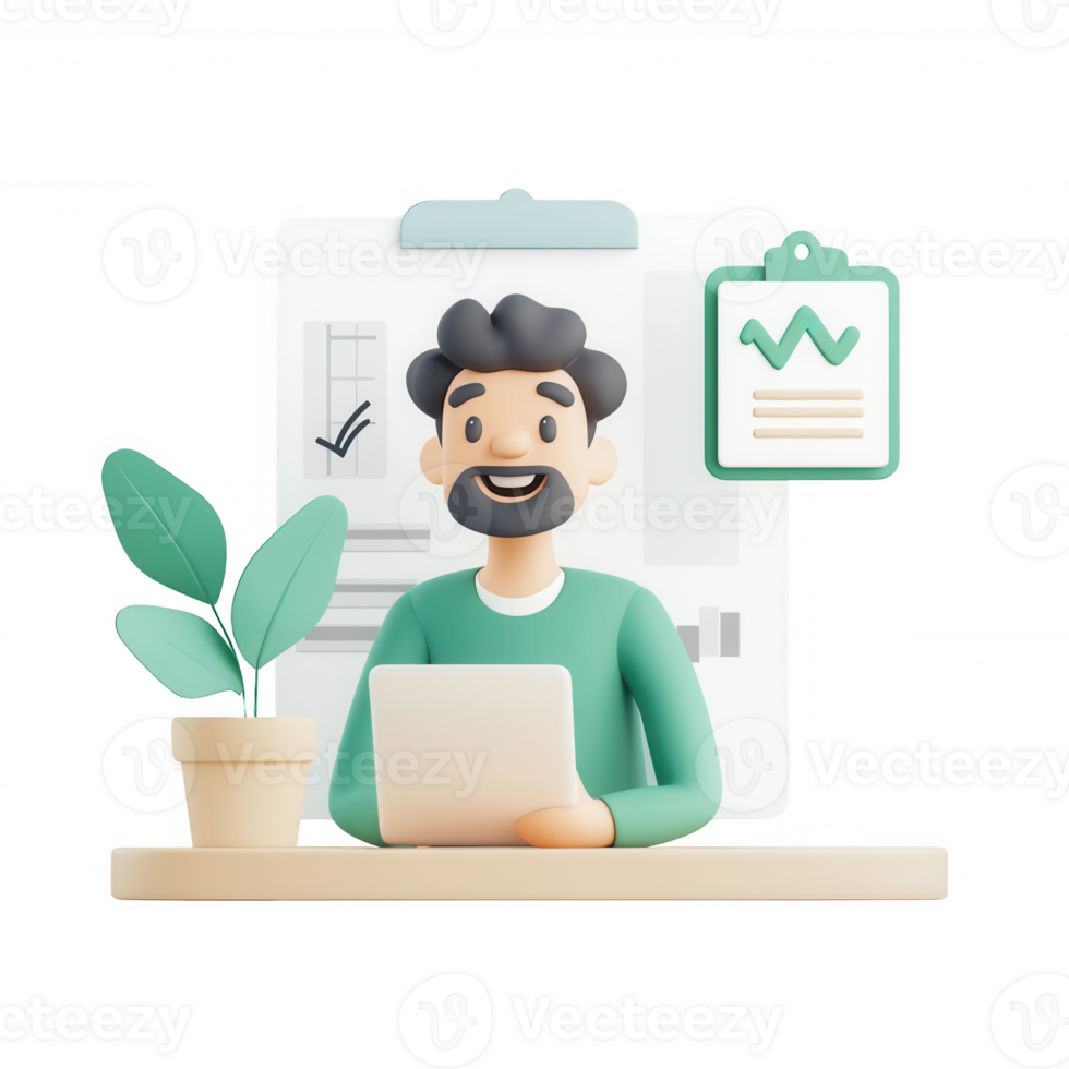 A cheerful man working on a laptop with documents and a plant on his desk. png