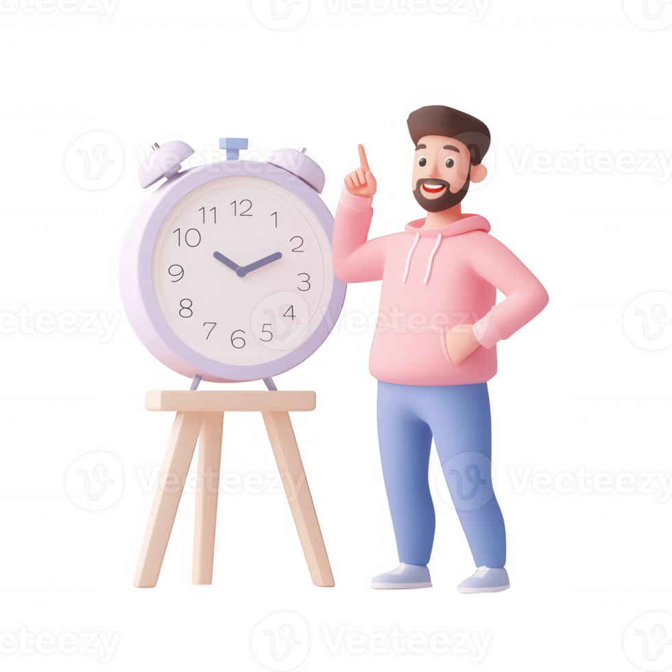 A cheerful man with an alarm clock, symbolizing time management and productivity. png