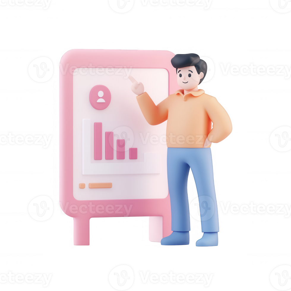 A cheerful presenter uses charts to share data in a modern office setting. png