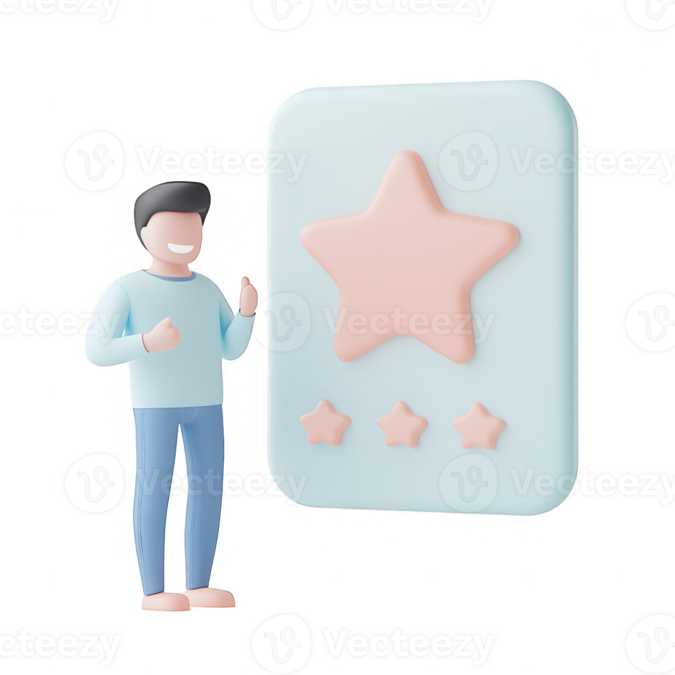 A cheerful person showcasing a rating card with stars, emphasizing feedback and reviews. png