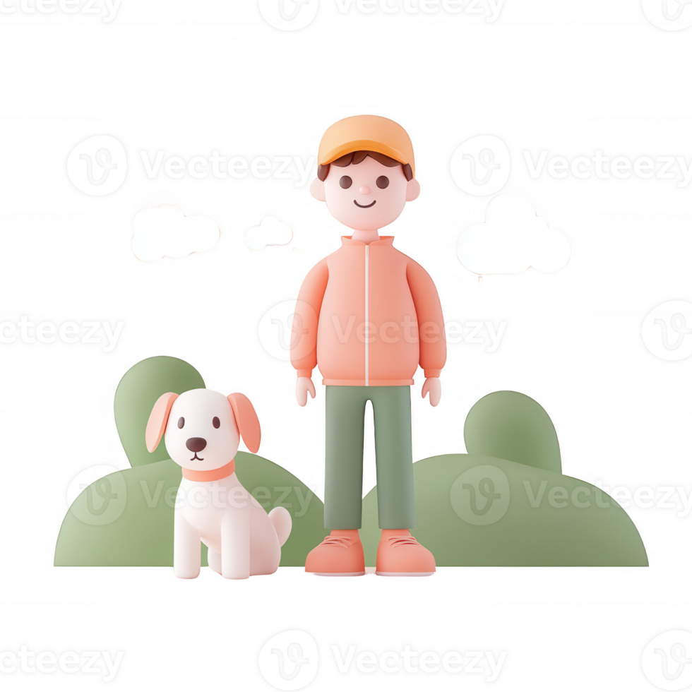 A cheerful young boy stands next to his playful dog in a serene outdoor setting. png