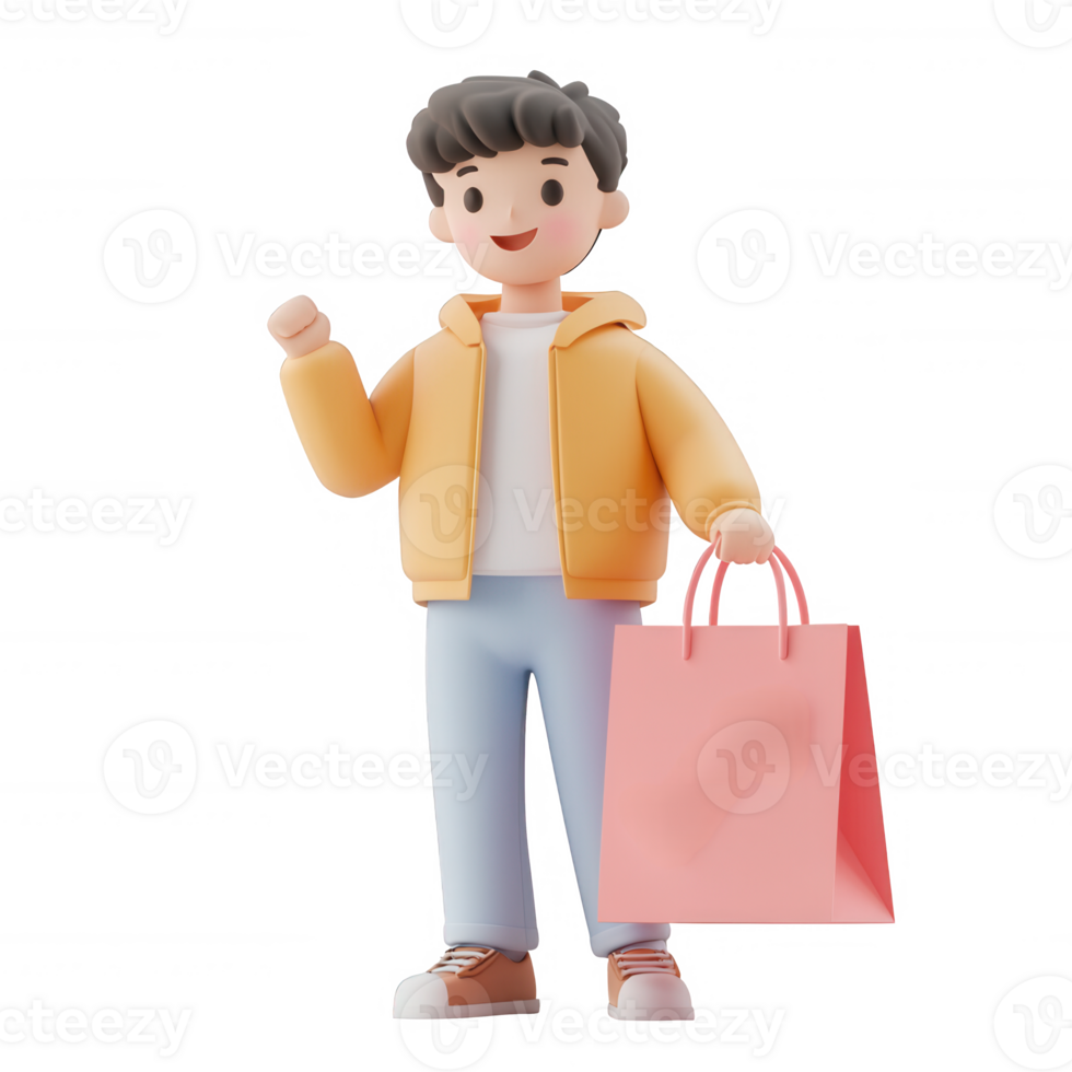 A cheerful young person standing with a shopping bag, ready for a fun day out. png