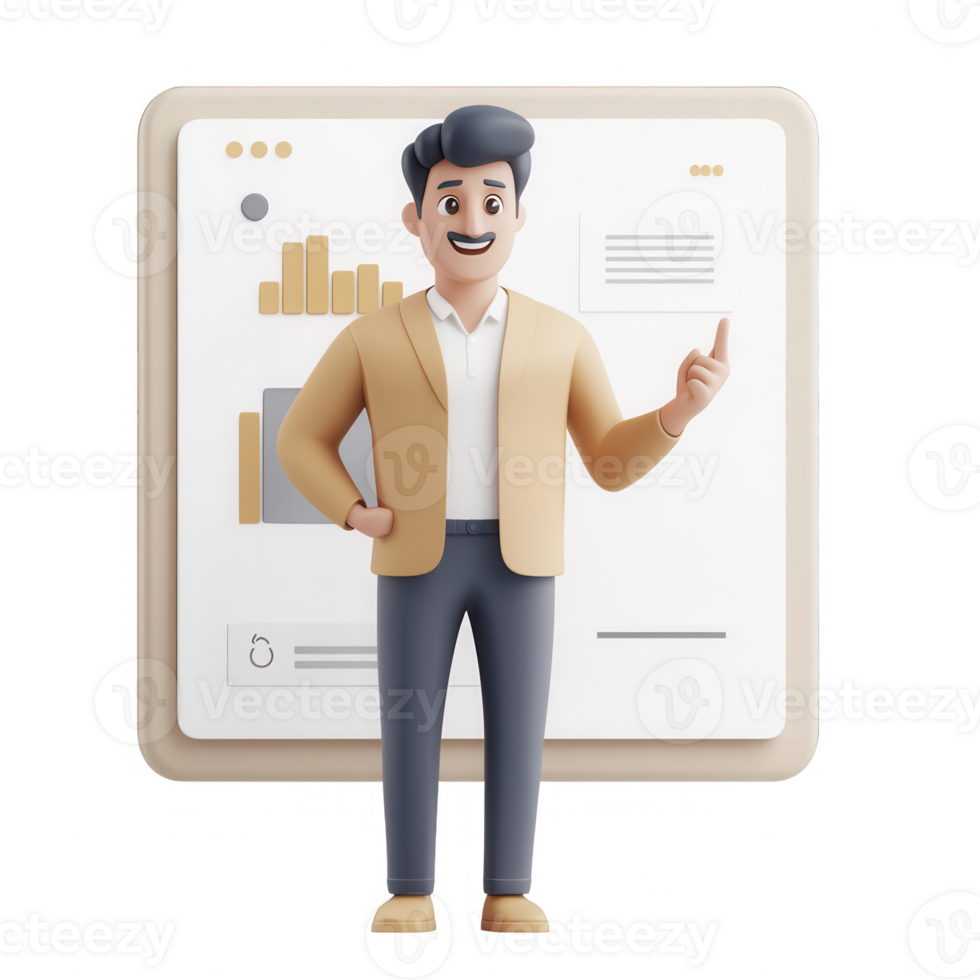 A cheerful young man presenting data insights with graphs and charts. png
