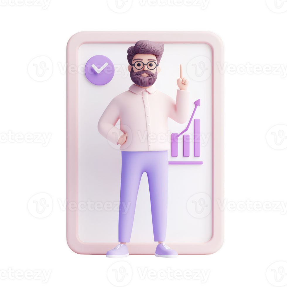 A confident male figure presenting a growth chart in a digital setting. png