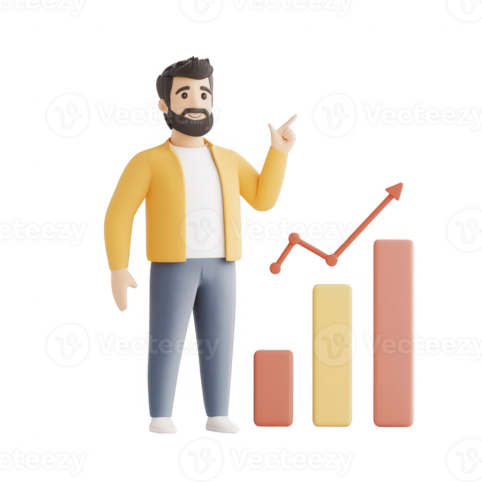 A confident man presents a growing graph, symbolizing success and progress in business. png