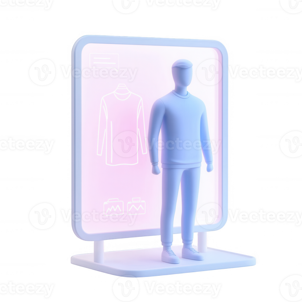 A digital avatar interacting with a virtual garment display in a modern setting. png