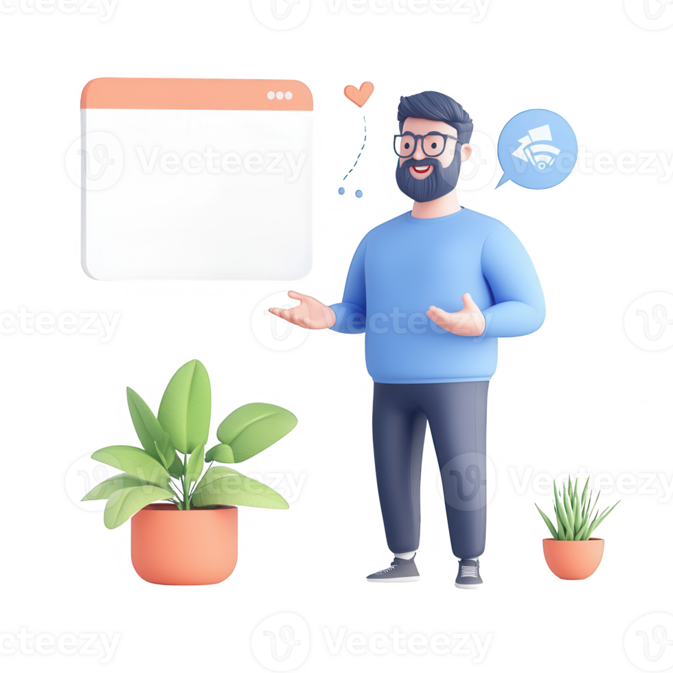 A friendly man with glasses engages in conversation surrounded by potted plants. png