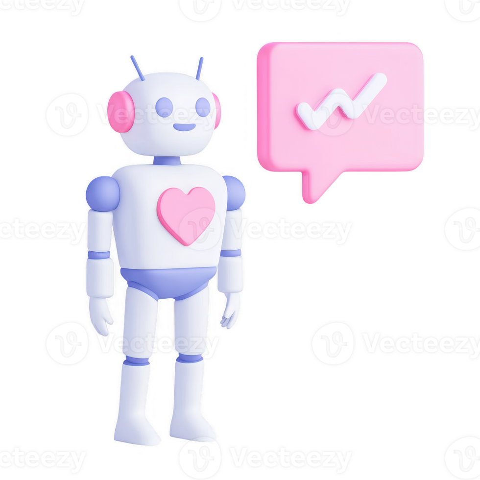 A friendly robot character with heart features and a speech bubble, showcasing AI interaction. png