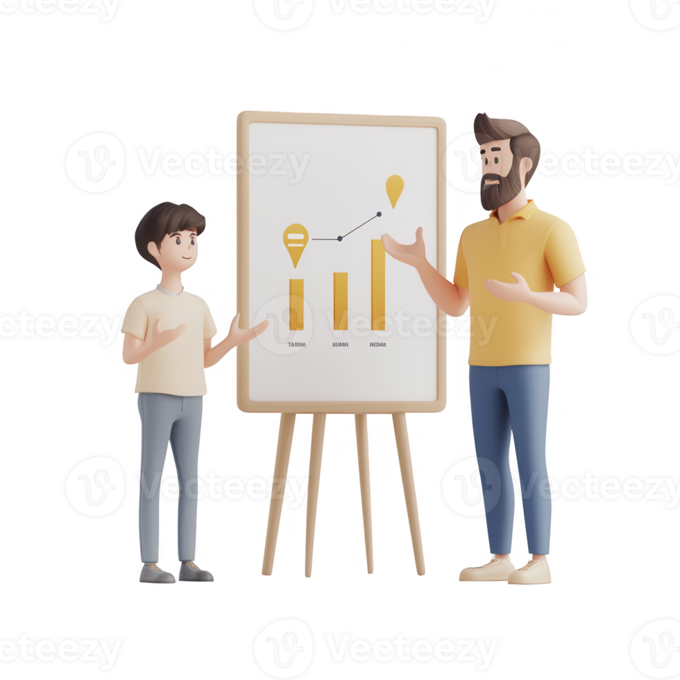 A father and son discussing growth statistics with a chart in a creative setting. png