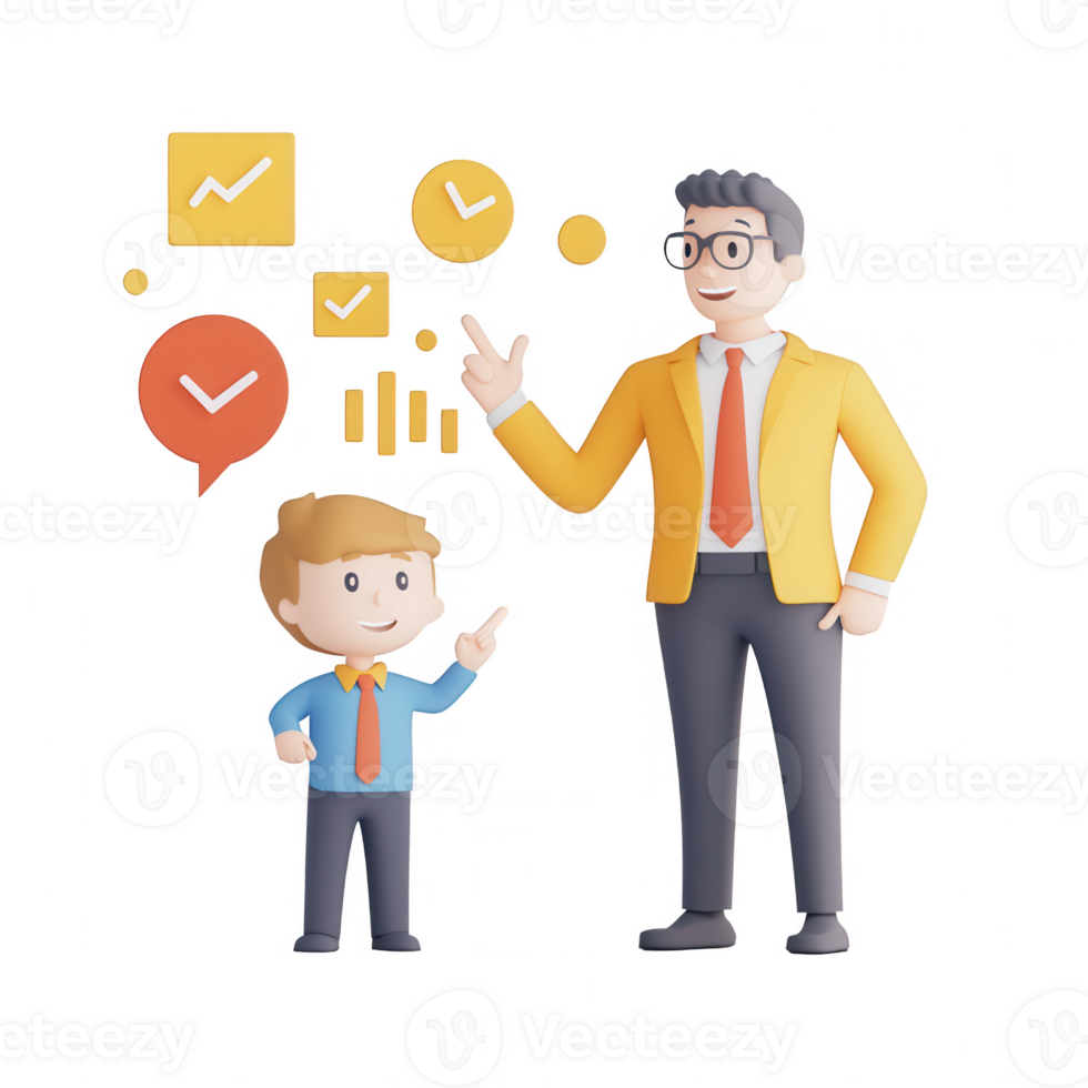 A father and son discuss growth charts and ideas for the future in a playful manner. png