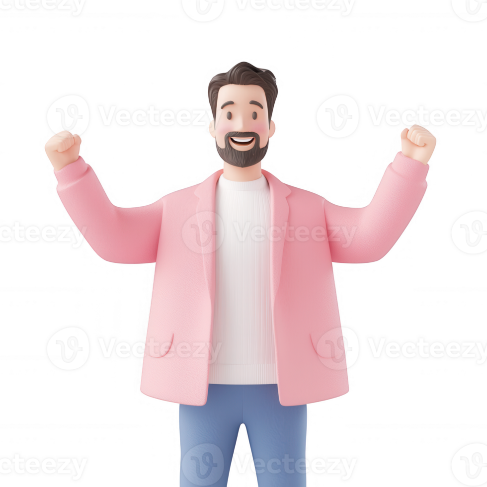 A joyful man celebrating success with raised hands in a modern, playful style. png