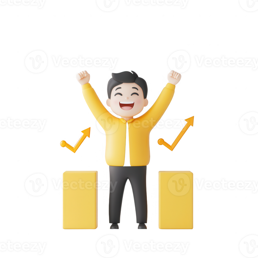 A joyful character celebrating success with upward arrows and a vibrant smile. png