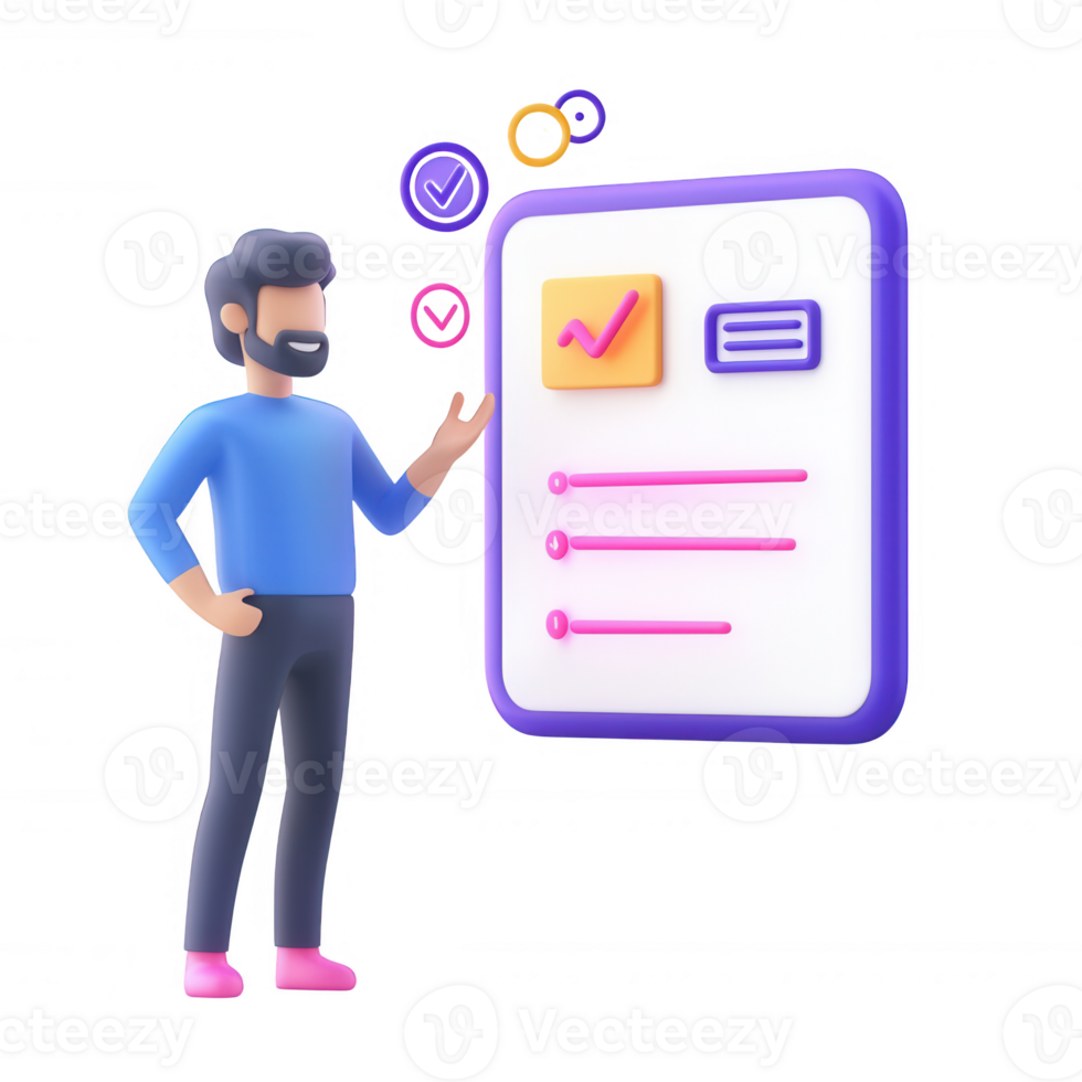 A man interacting with a checklist on a digital screen for productivity. png