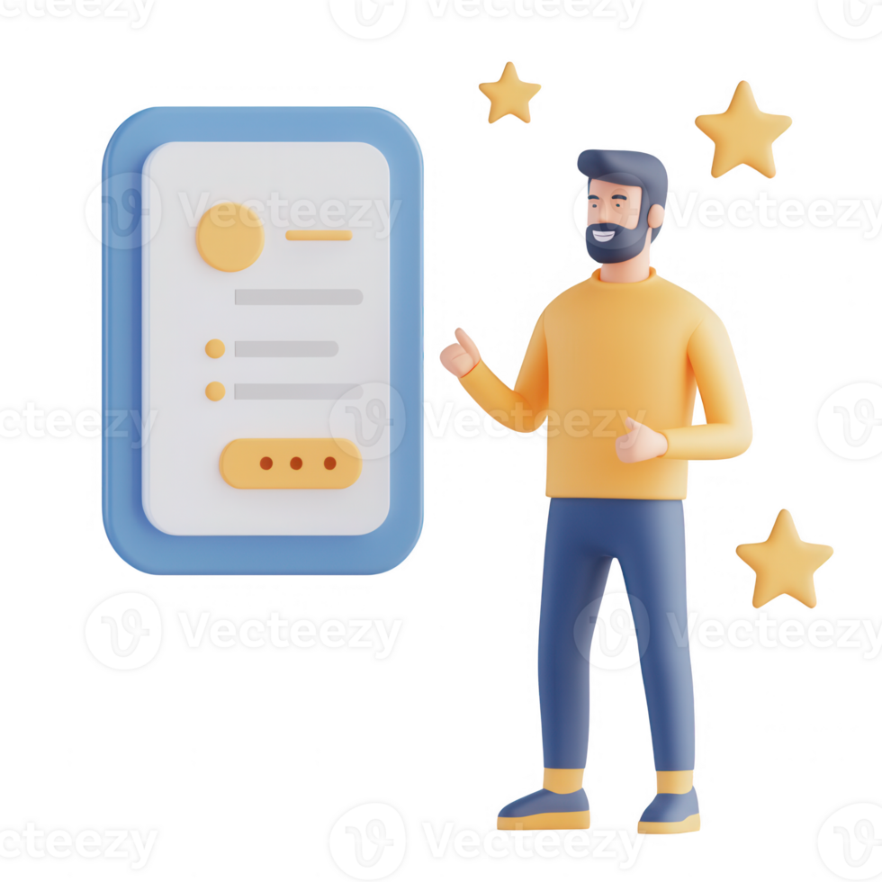 A man presenting a digital interface with stars, symbolizing user feedback and evaluation. png