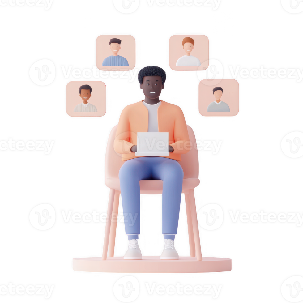A man sitting on a chair using a laptop while interacting with virtual avatars. png