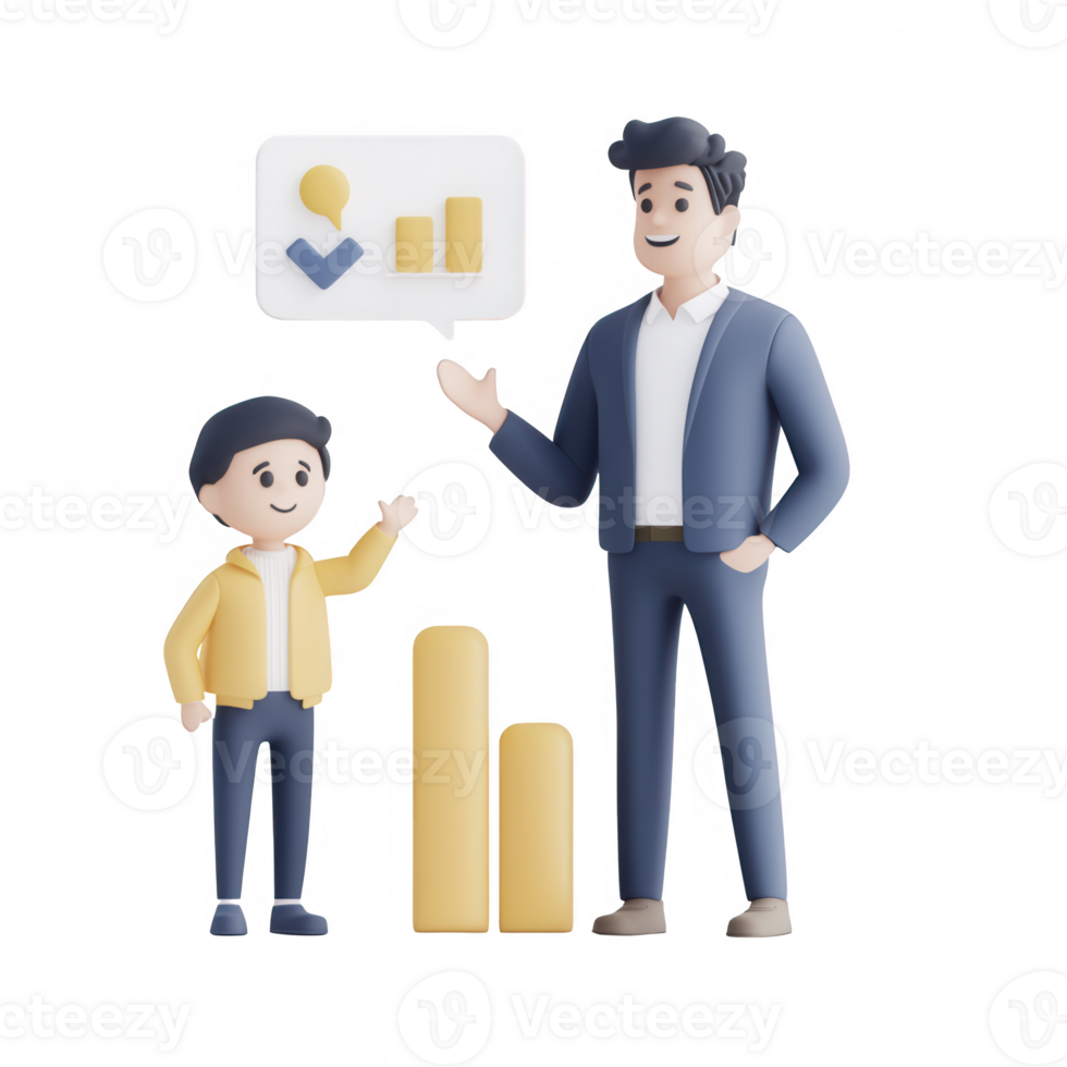 A mentor explaining growth stats to a young learner using visual data representation. png