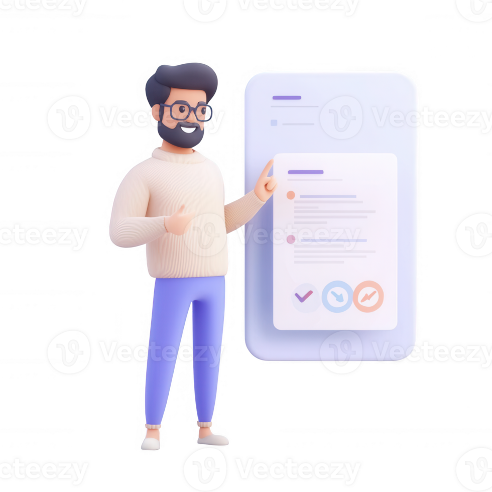 A man presenting a digital checklist on a modern smartphone display. png