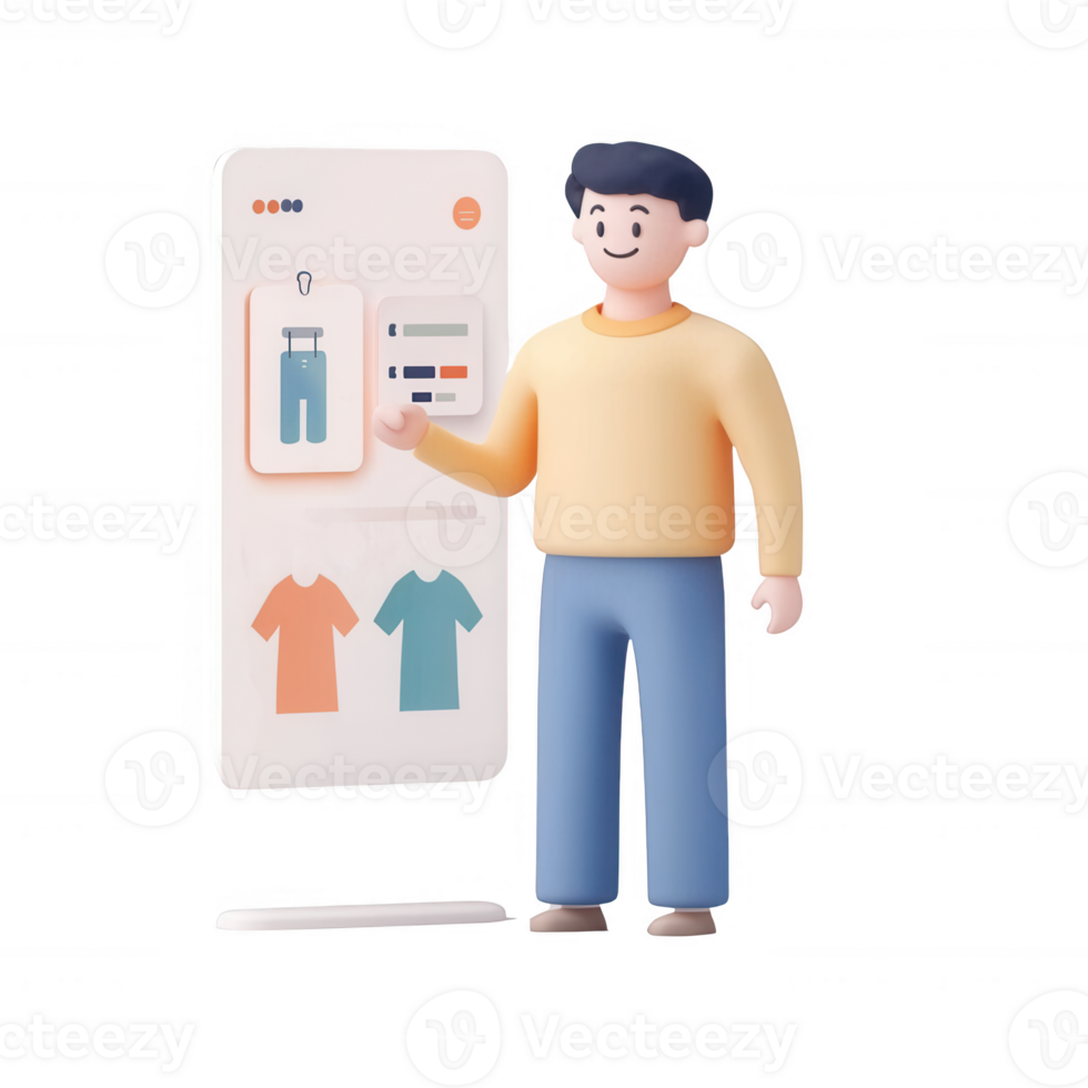 A modern character interacting with a digital fashion display interface. png