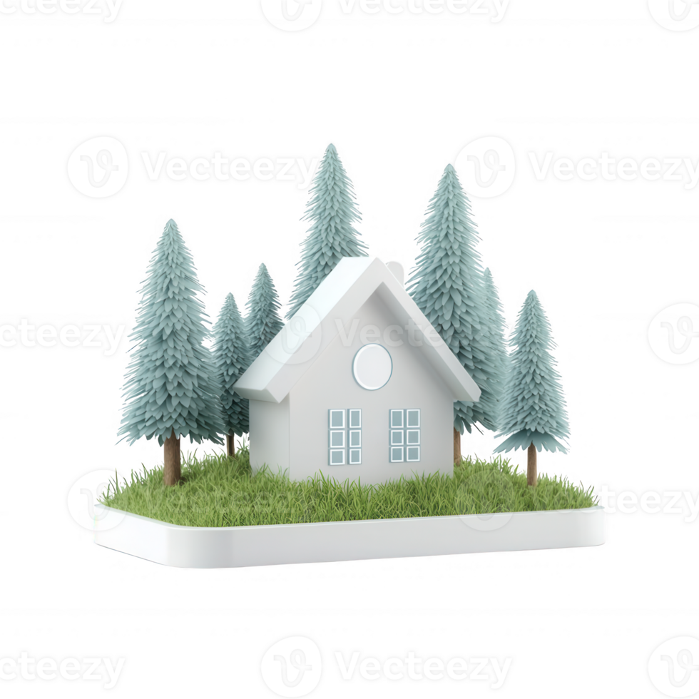 A modern house surrounded by lush green trees and grass in a serene environment. png