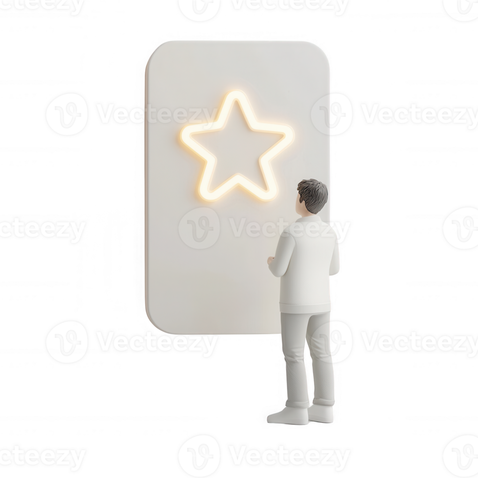 A person admiring a glowing star on a modern wall, reflecting dreams and aspirations. png